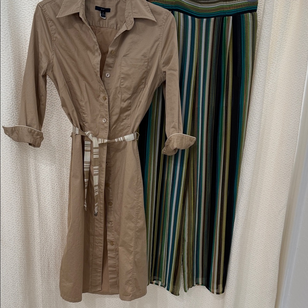 3pc Outfit: GAP Tan Button-Front Dress with Flowy Striped Pants & Necklace